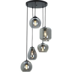 Olucia Caia - Moderne Hanglamp - 5L - Metaal/Glas - Grijs;Zwart - Rond - 48 cm