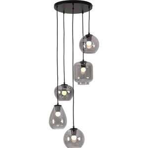 Olucia Caia - Moderne Hanglamp - 5L - Glas/Metaal - Grijs;Zwart - Rond - 48 cm