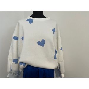 Oversized sweater - Sweater - Oversized - Wit- Blauwe hartjes