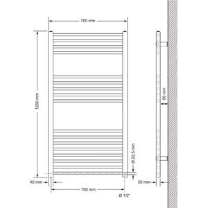 Elektrische badkamerradiator met verwarmingselement 900W 750x1200 mm wit recht met zijaansluiting LuxeBath