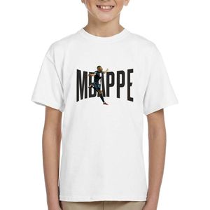 Mbappe - kylian - PSG - Kinder T-Shirt - Kinder shirt met tekst- T-Shirt - wit shirt - Mbappe zwarte tekst - Maat 164- T-Shirt leeftijd 15 tot 16 jaar - Grappige teksten - Cadeau - Shirt cadeau - Voetbal- verjaardag -