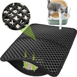Kattenbakmat, kattenbakmat, dubbellaagse kattenmat, waterdichte urinebestendige mat, kattentoilet, opvouwbare kattenbakmat met groot honingraatgat, 33 x 46 cm, zwart
