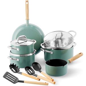 Pannenset 13-delige Gezonde Keramische Anti-aanbak Kookgerei Set- Pannen Saucepans Deksels Zeef Vintage Houten Handvat PFAS-Vrij Inductie Rook Blauw Pannenset