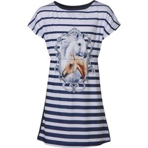 Meisjes jurk korte mouwen  paarden print - gestreept marine/wit | Maat 116/ 6Y