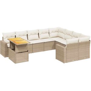 The Living Store 10-delige Loungeset met kussens poly rattan beige - Loungeset - Tuinset - Lounge - Buitendecoratie - Garden Furniture