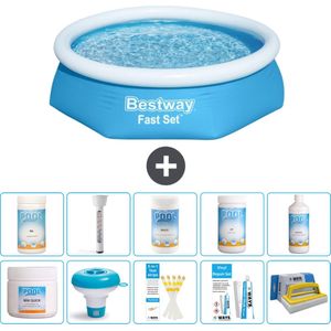 Bestway Rond Opblaasbaar Fast Set Zwembad - 244 x 61 cm - Blauw - Inclusief Chloor - Chloordrijver - Testrips - Reparatiesetje - Scrubborstel - PH-min - PH-plus - Thermometer - Algen - Chloor