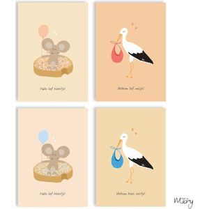 Wenskaarten geboorte - Enkele kaarten 8 stuks (4x2) - Felicitatie geboortekaartjes met enveloppen & sluitstickers - Made by Mary