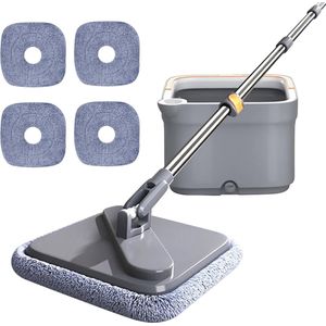 Zelfwasbare Vierkante Dweilset met 360° Draaibare Mop en Emmer voor Vloer- en Badkuigreiniging