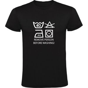 Persoon verwijderen voor het wassen Wasvoorschrift Heren T-shirt | Was | Voorschrift | Kleren | Kleding | Wasmachine | Schoonmaker | Wassen | Schoonmaakster | Shirt