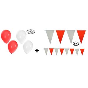 200x Ballonnen rood/wit en 6x Vlaglijn rood/wit