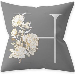 Grijze Kussenhoes met Bloemen en Letter H (500188)