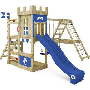 WICKEY speeltoestel ridderkasteel DragonFlyer met schommel & blauwe glijbaan, outdoor kinderklimtoren met zandbak, ladder & speelaccessoires voor de tuin