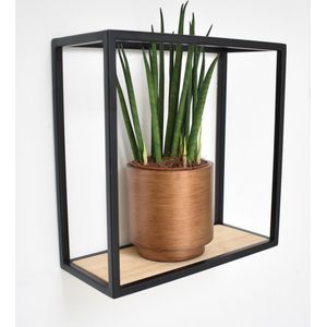 Wandschap 24cm breed x 24cm hoog x 12cm diep- Wandrek zwart dun met hout - Galeara design wandplank Soto rechthoekig - Wandschappen design metaal