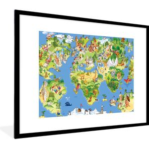 Poster in fotolijst kind - Kinderkamer decoratie - Wereldkaart - Kinderen - Natuur - Dieren - Blauw - Groen - Decoratie voor kinderkamers - 80x60 cm - Poster kinderkamer