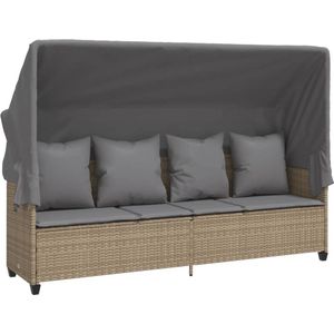 vidaXL-Ligbed-met-luifel-en-kussen-poly-rattan beige