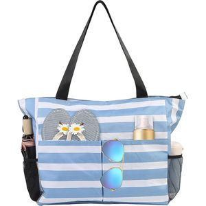 Grote strandtas met strepen - Blauw/wit - Schoudertas voor volwassenen - 43 x 38 x 15 - Waterdicht - Handtas met ritssluiting - 8 vakken - Zwemtas, grote shopper, badtas - Grote capaciteit