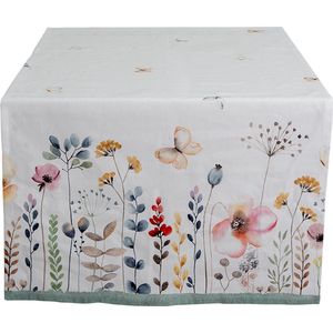 Clayre & Eef Tafelloper 50x140 cm Wit Groen Katoen Rechthoek Bloemen Tafelkleed