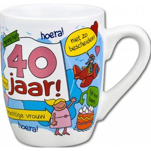 Mok - Toffeemix - Hoera 40 jaar Vrouw - Cartoon - In cadeauverpakking met gekleurd lint