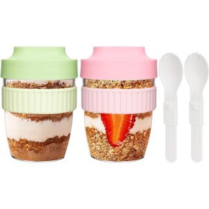 Handige Meeneem Ontbijtbeker Set van 2 met Lepel, 570 ml, Voor Yoghurt en Granen