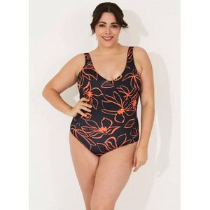 Badpak Vrouwen- Plus Size Zwempak- Dames Badmode Bleomenprint- Swimwear VC719- Zwart Oranje details- Maat 46