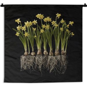 Wandkleed Planten op een zwarte achtergrond - Meerder narcissen met bollen op een zwarte achtergrond Wandkleed katoen 150x150 cm - Wandtapijt met foto