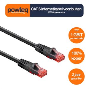 Powteq - Cat 6 buitenkabel - 50 meter - 100% koper - Internetkabel voor buiten - Tot 1 Gbit - Weer- & UV bestendig - Zwart
