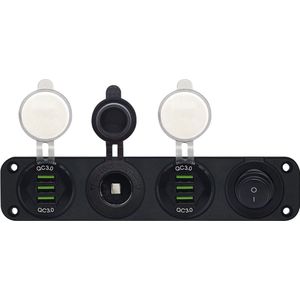 ProRide 12V USB Autolader 6 Poorten - QC3.0 - Schakelaar en 12V Sigaretten stopcontact - Viervoudig inbouw paneel