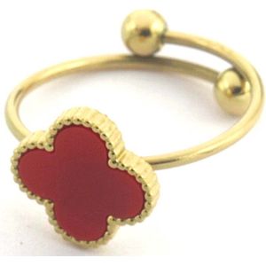 Ring met Klaver - RVS - One Size - Goudkleurig en Rood