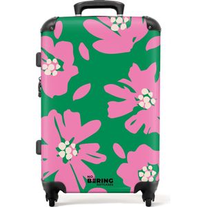 NoBoringSuitcases.com® - Koffer groot - Rolkoffer lichtgewicht - Groen met roze bloemen - Reiskoffer met 4 wielen - Grote trolley XL - 20 kg bagage