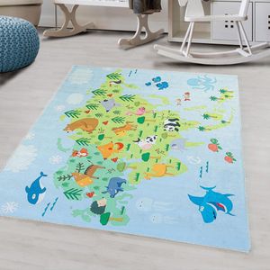 Flycarpets Kids Speelkleed / Vloerkleed Kinderkamer - Wereldkaart - Laagpolig Tapijt voor de Kinderen - 120x170 cm