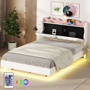 140 x 200 cm tweepersoonsbed, gestoffeerd bed met lichtstrip - Queensize bedframe met hoofdeinde en opbergruimte - Volwassenebed met USB-oplaadpoort - beige