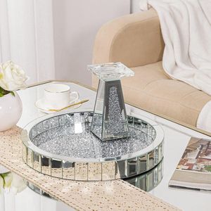 34,9 cm spiegel-parfum dienblad voor commode – HMTM zilveren geplette diamanten make-uptafels, ronde sieraden-make-uporganizer, decoratieve accenten voor thuis, salontafel, badkamer, slaapkamer