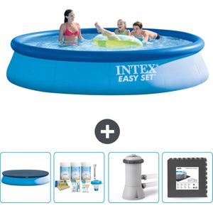 Intex Rond Opblaasbaar Easy Set Zwembad - 396 x 84 cm - Blauw - Inclusief Afdekzeil - Onderhoudspakket - Zwembadfilterpomp - Vloertegels