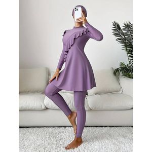 Burkini MAYSAM || Asymmetrische gerimpelde 3-delige boerkini || Kleur: Violette Paars || Lange mouwen || Ronde hals || Maat: XL || Dames Burkini