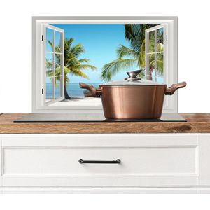 Spatscherm keuken 60x40 cm - Kookplaat achterwand Doorkijk - Strand - Palmboom - Boot - Tropisch - Zee - Blauw - Muurbeschermer - Spatwand fornuis - Hoogwaardig aluminium