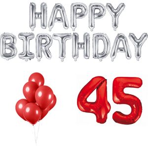 45 jaar Verjaardag Versiering Ballon Pakket Rood & Zilver