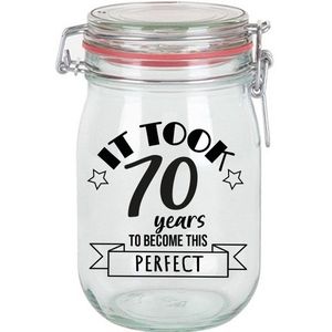 Bellatio Decorations Verjaardag cadeau voorraadpot - leeftijd 70 jaar - glas - 1 liter - snoeppot