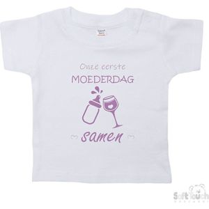 Soft Touch T-shirt Shirtje Korte mouw ""Onze eerste moederdag samen!"" Unisex Katoen Wit/lila Maat 62/68