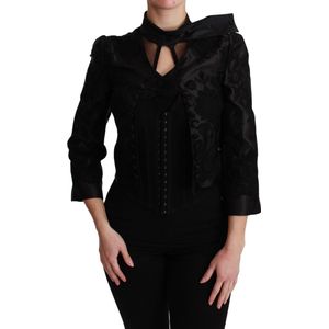 Zwart gebloemd jacquard blazer zijden jasje