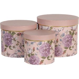 Clayre & Eef Hoedendoos Set van 3 Ø 20x17 / Ø 17x15 / Ø 14x13 cm Roze Karton Rond Bloemen Opbergdoos