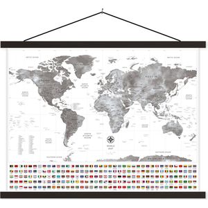 Posterhanger incl. Poster - Schoolplaat - Wereldkaart - Vlag - Zwart - Wit - 150x113 cm - Blanke latten