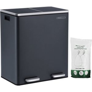 Parya Home - Zwarte Prullenbak - 2 x 30 Liter - 2 Compartimenten - Roestvrij Staal