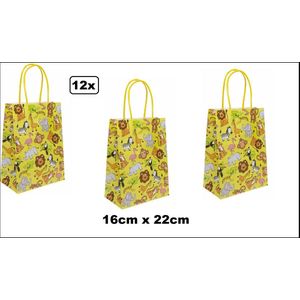 12x Koordtas Jungle dieren 16cm x 22cm - Goodiebag papieren draagtas tas|koord festival kado themafeest party geschenken verjaardag