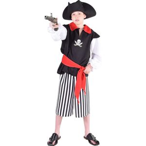 Magic Piraat 3 delig: blouse zwart, broek gestreept half lang en rode sjerp