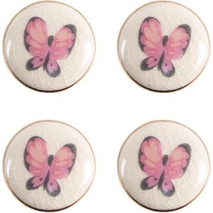 Clayre & Eef Deurknop Set van 4 Ø 3 cm Roze Beige Keramiek Vlinder Meubelknop