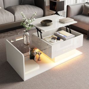 Salontafel in hoogglans wit en hout kleurencombinatie. Bijzettafels, salontafels met glas en LED-effect