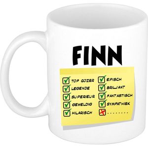 Bellatio Decorations Naam mok Finn - wit - top gozer - keramiek - 300 ml - cadeau collega beker