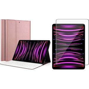 Hoes met toetsenbord geschikt voor iPad Pro 12.9 - Screen Protector GlassGuard - 2018 / 2020 / 2021 / 2022 - Keyboard Book Case Cover Hoesje Rose & Screenprotector