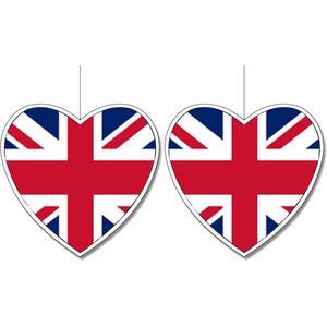 2x stuks engeland/United Kingdom vlag hangdecoratie hartjes vorm karton 14 cm - Brandvertragend - Feestartikelen/decoraties