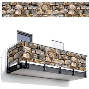 Balkonscherm 500x90 cm - Balkonposter Stenen - Beige - Grijs - Planten - Balkon scherm decoratie - Balkonschermen - Balkondoek zonnescherm